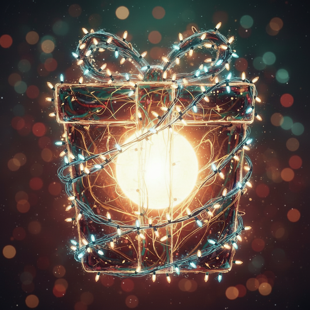 A stylized, transparent, box, with a ball of light at its center. 
                             The box is wrapped with a transparent bow and decorated with 
                             Christmas lights 